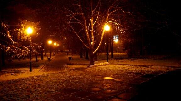 冬天夜晚街灯照亮的空巷