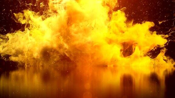 黄色爆发-彩色烟雾爆炸流体气体发光粒子慢动作3D反射背景阿尔法哑光