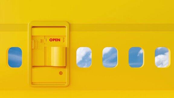门里面是黄色的飞机有窗户和蓝天延时