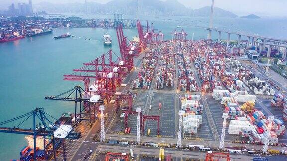 4K鸟瞰香港葵青货柜码头全景图