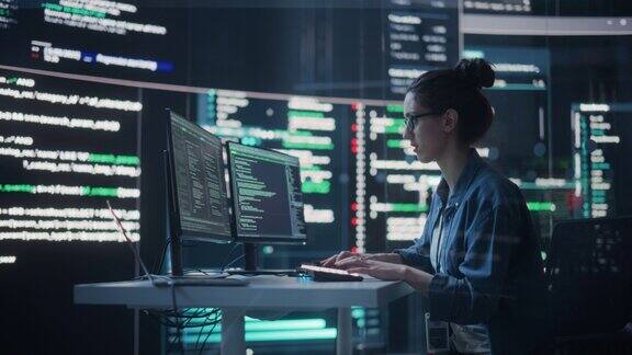 在监控室里一名女子在电脑上工作她周围的大屏幕上显示着她输入的代码行女程序员使用人工智能数据和系统创建创新软件