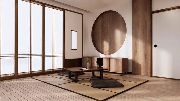 禅房室内木质墙壁上铺着榻榻米垫子低矮的桌子和扶手椅三维渲染