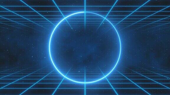 充满活力的霓虹灯圈抽象的未来高科技运动背景视频循环动画3d渲染蓝青色霓虹圆框圆形环形造型空白空间紫外线灯80年代复古风格