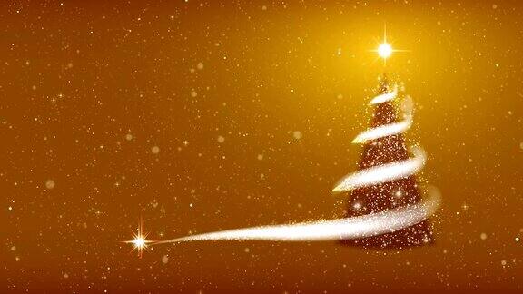 圣诞树暴风雪星星雪花为新年项目的金色背景