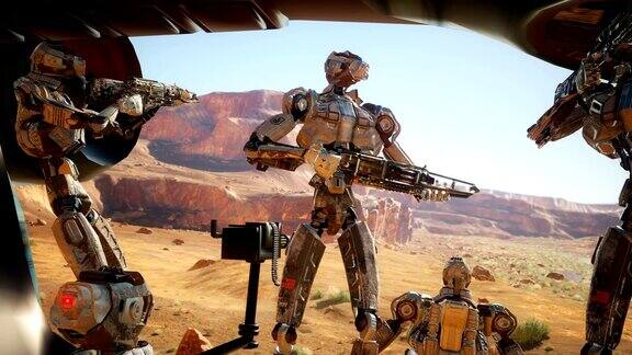 军用机器人机器人搭乘运输飞船飞到他们的基地动画小说未来或科幻背景