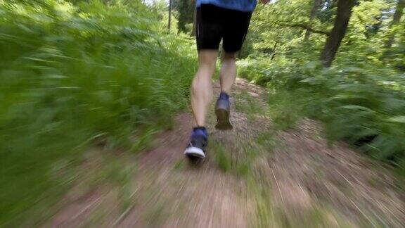 一个男性跑步者的腿穿过森林