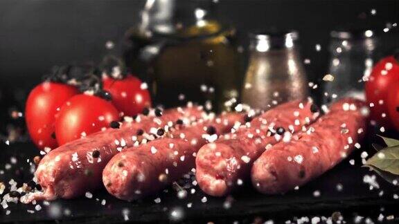 生香肠的慢动作会洒下盐和胡椒用高速摄像机以每秒1000帧的速度拍摄