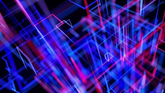运动图形科幻bg与流动的蓝色红色霓虹辉光线形成数字三维空间连接可视化神经网络操作多种分支的计算4k景深