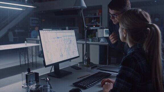 工程师在台式电脑上工作屏幕上显示CAD软件和技术蓝图她的男性项目经理解释工作细节工业设计工程设施办公室