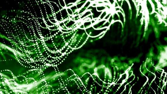 发光粒子的3d渲染循环动画形成摆动线作为摆动的花环作为节日背景或抽象背景的粒子与景深和散景像vj循环绿色7