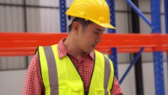 员工的肖像在仓库工人戴着安全帽工作