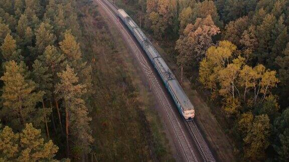 一列货运火车正在树林中高速行驶鸟瞰图