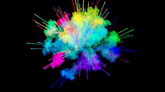 爆炸的火药孤立在黑色背景3d动画的粒子作为彩色的背景或覆盖效果迸发出彩虹般的色彩粉饼呈现出明亮如胡里节3.