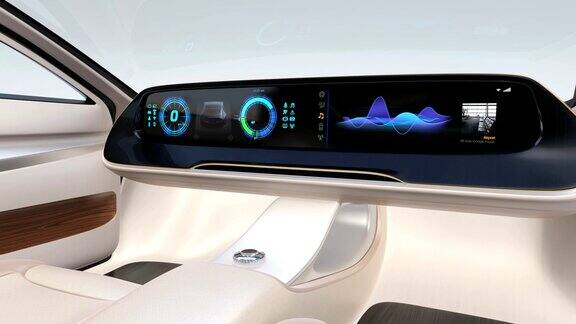 自动驾驶电动汽车内部配备宽屏数字多媒体屏幕