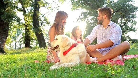 快乐的年轻家庭在一个夏日和他们的狗