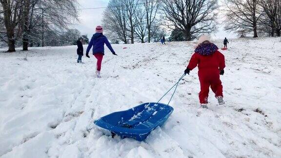 孩子们在雪山上拉雪橇