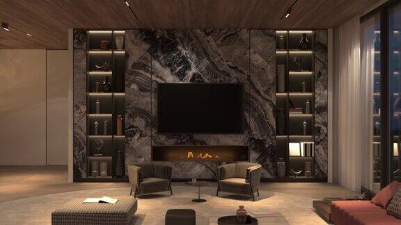 4K3d渲染插画视频现代奢华的室内设计客厅设有壁炉夜间照明和木制天花板模拟书籍电视
