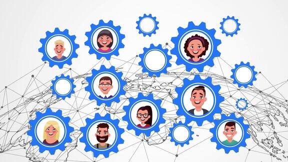 商务人士与齿轮和工作未来地图在白色背景一群快乐的人团结在一起作为成功的团队合作理念