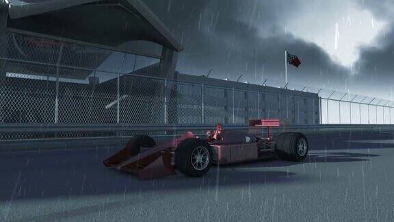 红色F1赛车在雨天
