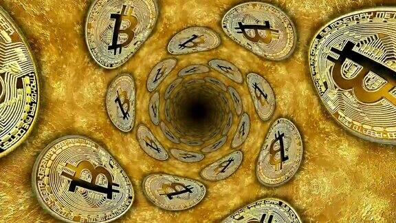 虚拟币比特币在旧的黄金表面螺旋运动