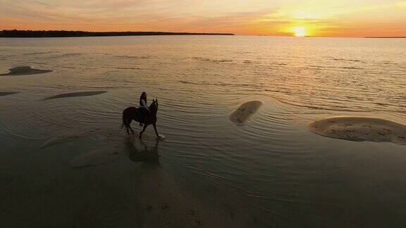 沙滩上骑马的女孩马在水上行走在这张航拍照片中可以看到美丽的日落
