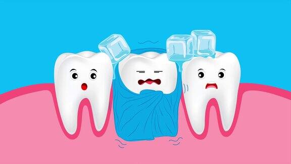 敏感牙齿可爱的卡通牙齿角色与毛毯和冰动画牙科保健