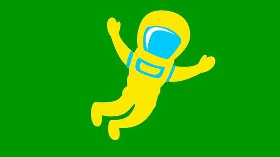 动画可爱的黄色宇航员在零重力宇航员在失重状态下飞行矢量平面插图隔离在绿色背景上