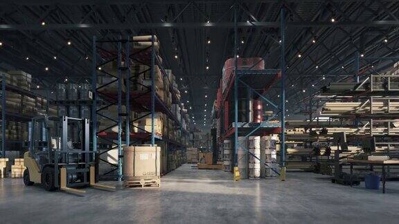 仓库里的产品有纸板箱的仓库或仓库和架子