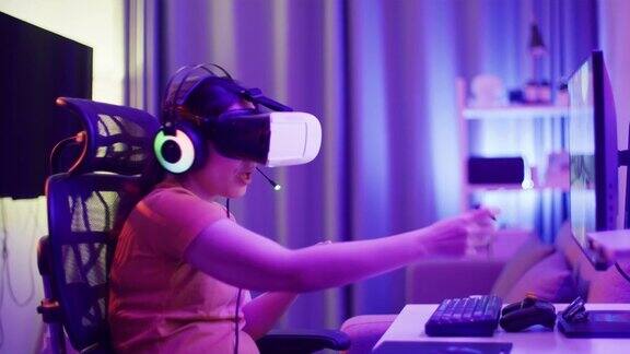 在元世界玩虚拟现实射击游戏的亚洲女玩家