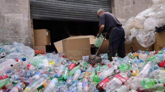 回收中心的工作人员准备回收的塑料瓶