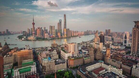 中国日落上海著名海湾屋顶空中全景4k时间推移