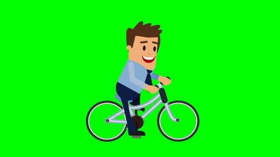 商人骑自行车蓝色风格商人自行车骑手扁平卡通人物4K动画色度键