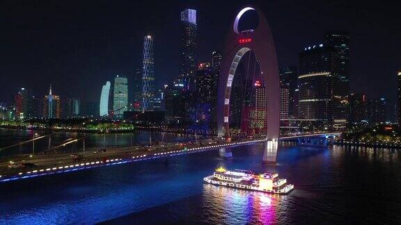夜晚灯火通明广州市市中心河流交通大桥航拍全景4k中国