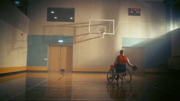 轮椅篮球运动员运球投篮成功投丢篮筐决心灵感动力与残疾人谁不放弃暖色慢动作