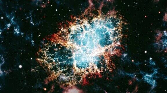 蟹状星云NGC1952太空星云探索深空飞入蟹状星云脉冲星超新星星系的动画穿越恒星场和星系空间