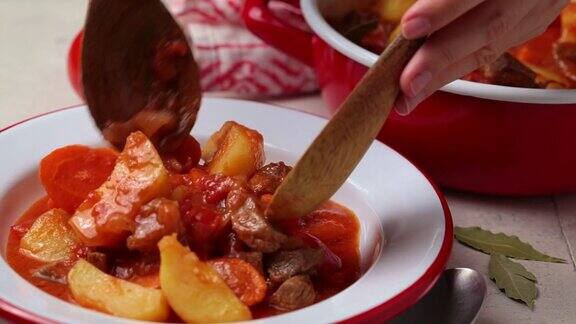 土豆和胡萝卜炖牛肉加番茄酱放在白色盘子里