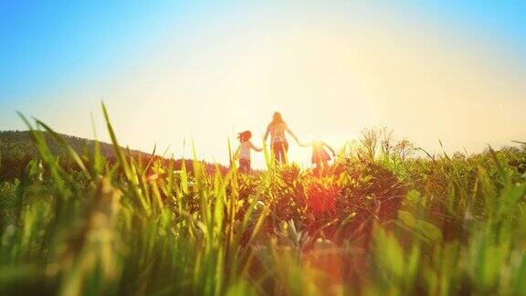 SLOMOLD妇女和她的两个女儿手牵着手在阳光明媚的草地上奔跑