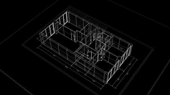 黑色背景下的公寓建筑过程最后一个回合是可循环的循环三维动画旋转蓝图在网格网格建筑业