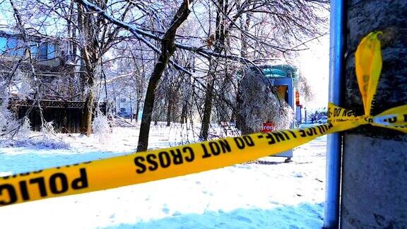 在冬季冰暴中警察在倒下的树前设置了警戒线