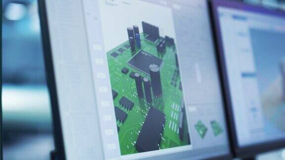 近距离的计算机显示器屏幕与三维CAD软件与数字电子电路主板微芯片电容器晶体管和电感器