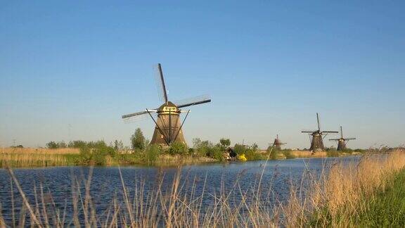 河岸上的草地上可以看到古老的荷兰风车