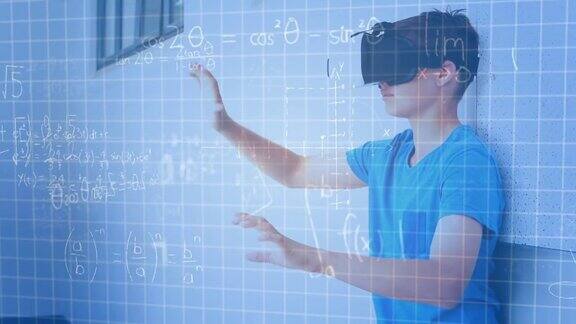 数学方程式漂浮在戴着VR的白人