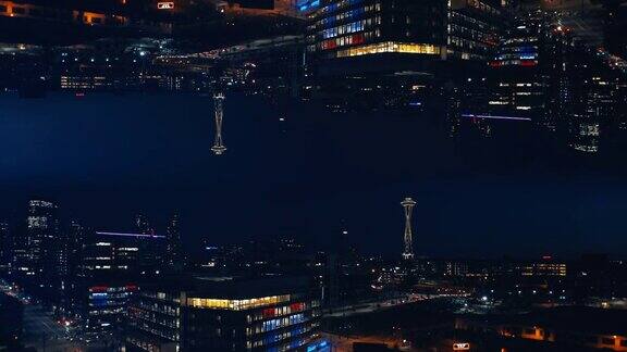 西雅图市中心夜晚背景空中反射镜
