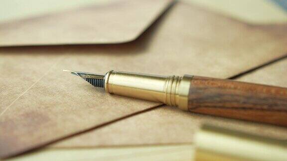信封空纸和钢笔放在桌子上