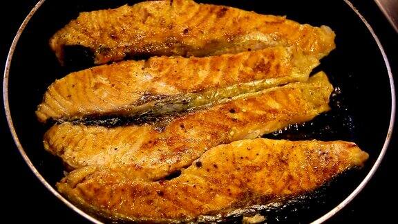 三文鱼片在平底锅上用橄榄油煎新鲜鲑鱼-海鲜高清格式