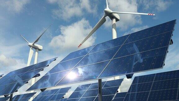 各种生态清洁能源与太阳能电池板、电池和风力涡轮机循环