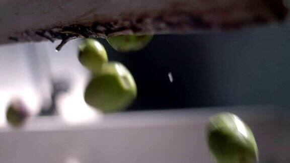 清洗过的绿橄榄在粉碎机中慢慢落下-制作橄榄油