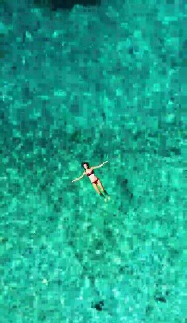 垂直视频鸟瞰女子在海中游泳清澈的水一个年轻的女孩在水下游泳