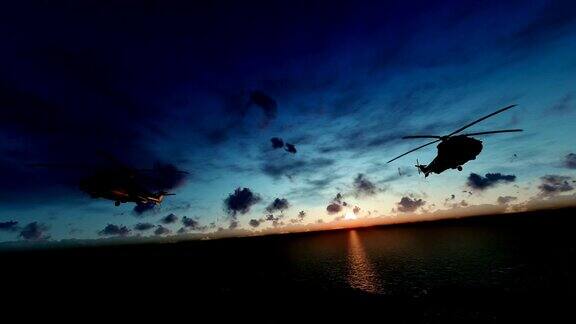 军用直升机编队在海上飞行延时日出