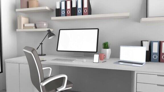 简单和现代的家庭办公空间与极简主义家具对灰色墙4K分辨率